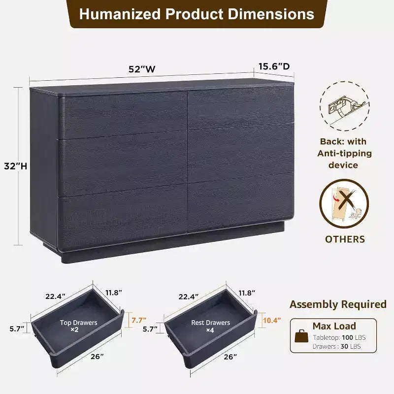 6 Drawer Dresser, Modern Wooden Chest of Drawers Chest of Drawers with Curved Profile Design, Storage Organizer Dresser for Living Room