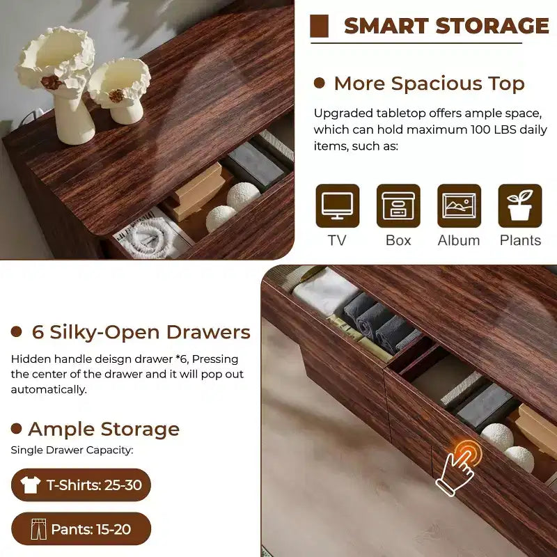 6 Drawer Dresser, Modern Wooden Chest of Drawers Chest of Drawers with Curved Profile Design, Storage Organizer Dresser for Living Room