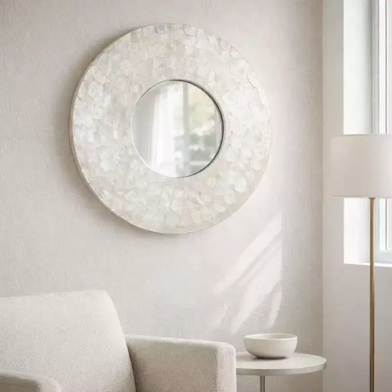 Miroir mural rond moderne en nacre pour la décoration de chambre - Cadre de miroir décoratif pour la salle de bain, l'entrée ou le couloir - 27", Ivoire