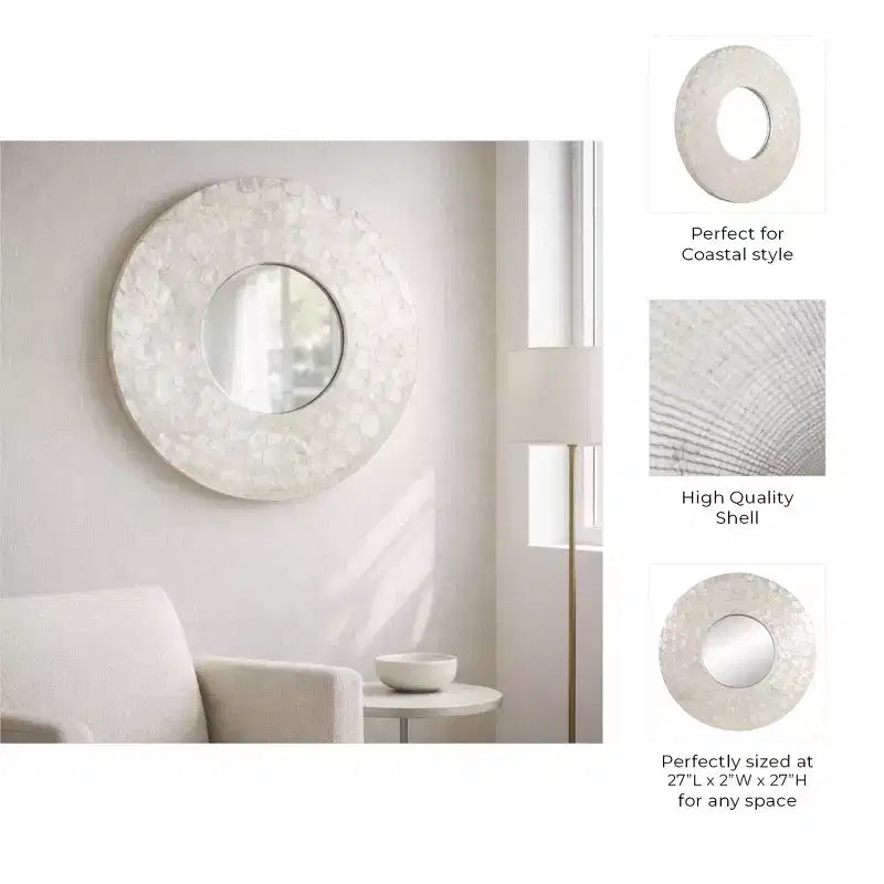 Miroir mural rond moderne en nacre pour la décoration de chambre - Cadre de miroir décoratif pour la salle de bain, l'entrée ou le couloir - 27", Ivoire