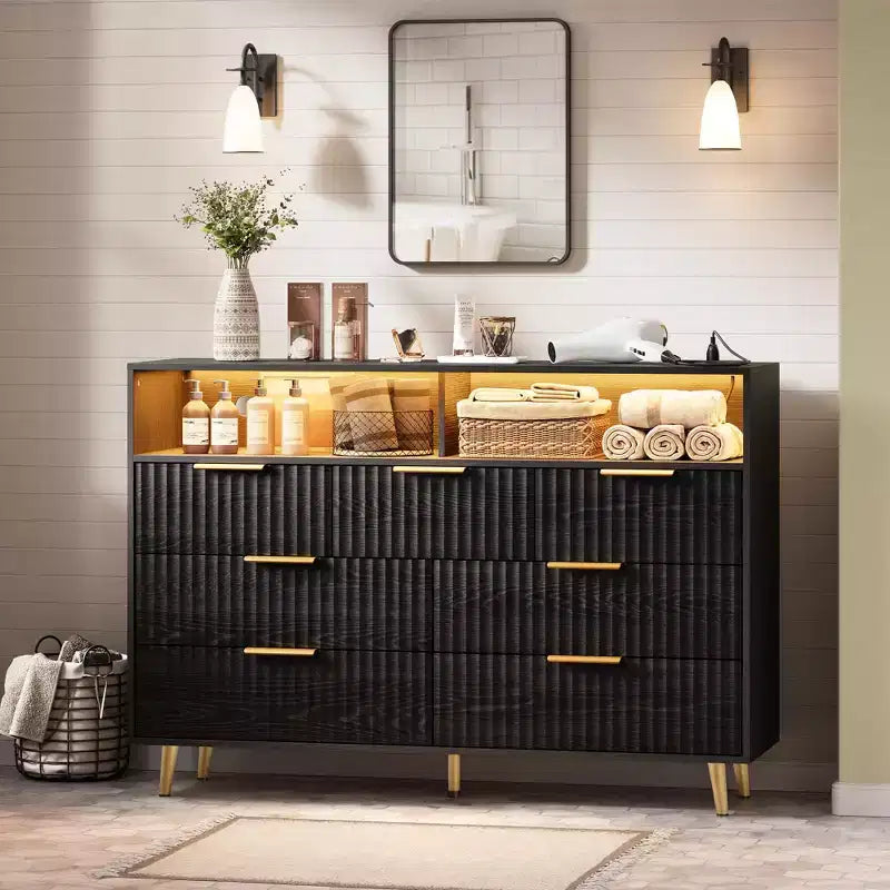 Fluted 7 Drawer Dresser, Chest of Drawers with LED Lights and Charging Station, Gold Handles, Open Shelf Storage, for Bedroom, Hallway, Black