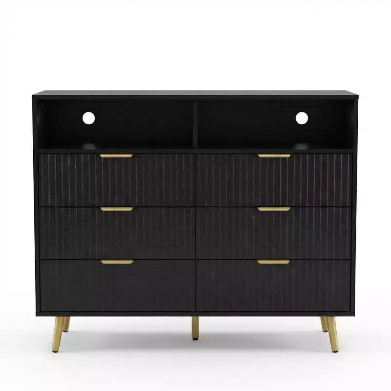 Fluted 7 Drawer Dresser, Chest of Drawers with LED Lights and Charging Station, Gold Handles, Open Shelf Storage, for Bedroom, Hallway, Black