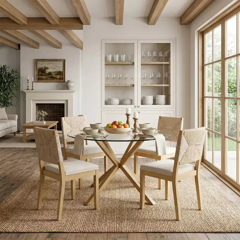 French Country Woven Back Dining Chairs Set of 4, Solid Wood Dining Room Chairs with Linen Upholstered Seat, Modern Kitchen Chairs-Panipeachy