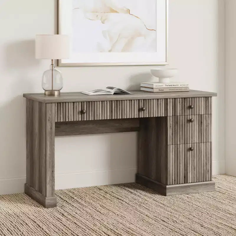 54 Modern Executive Office Desk with Charging Station & File Drawers, Fluted Wood Computer Writing Desk with Storage for Home Study