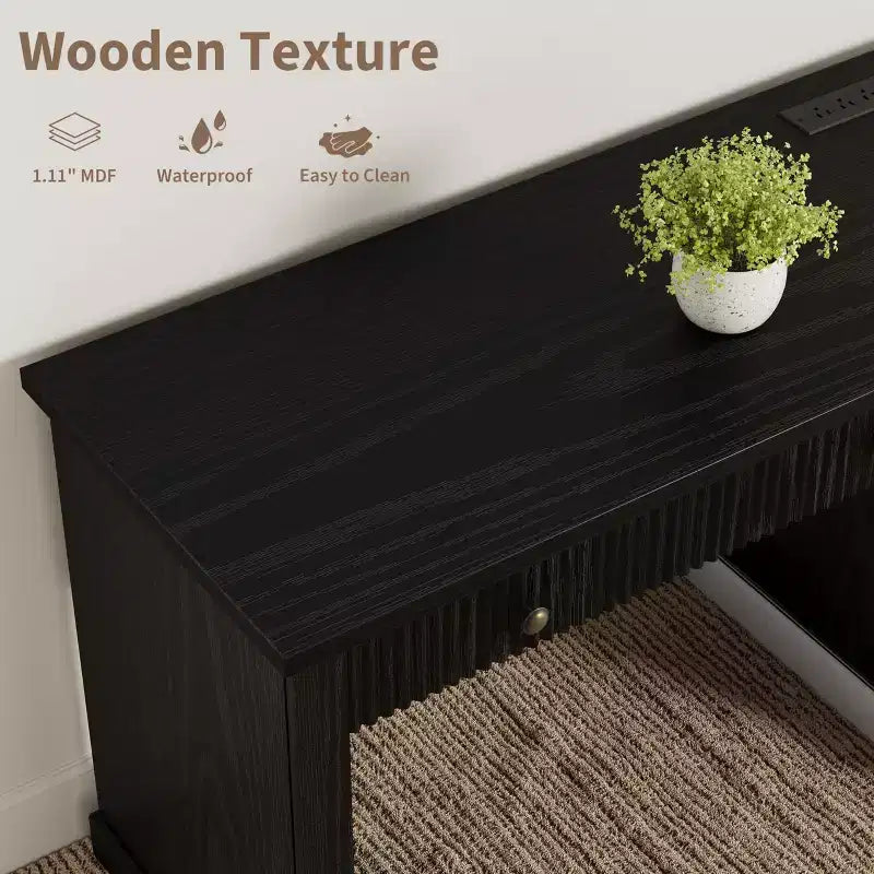 54 Modern Executive Office Desk with Charging Station & File Drawers, Fluted Wood Computer Writing Desk with Storage for Home Study