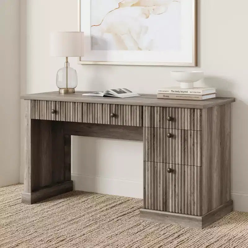 54 Modern Executive Office Desk with Charging Station & File Drawers, Fluted Wood Computer Writing Desk with Storage for Home Study