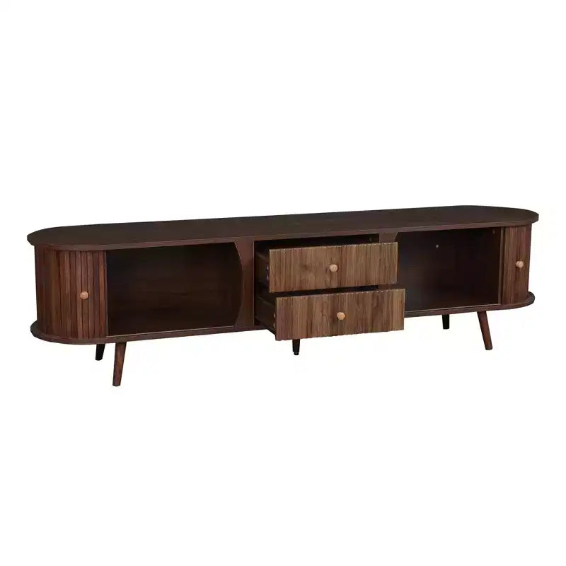 Mid-Century Modern TV Stand for TVs up to 80, Entertainment Center with Tambour Doors & Fluted Drawers, Walnut Brown Media Console - ModernLuxe