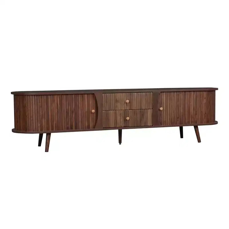 Mid-Century Modern TV Stand for TVs up to 80, Entertainment Center with Tambour Doors & Fluted Drawers, Walnut Brown Media Console - ModernLuxe