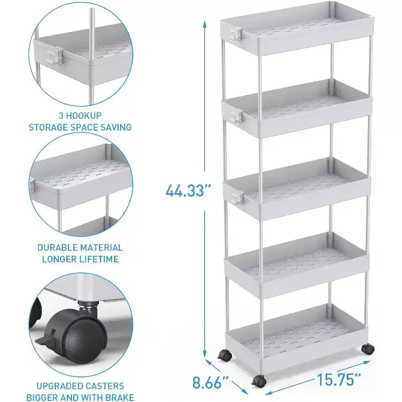 ALUCSET 5-Tier Storage Cart Organizer Rolling Utility Cart, Mobile Shelving Unit Slide Out Storage Shelves for Kitchen Bathroom Laundry Room & Dresser
