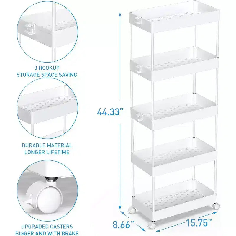 ALUCSET 5-Tier Storage Cart Organizer Rolling Utility Cart, Mobile Shelving Unit Slide Out Storage Shelves for Kitchen Bathroom Laundry Room & Dresser