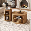 Mid-Century Coffee Table Set with Sliding Tambour Doors, Fluted Round Storage Side Tables for Living Room, Set of 2, Natural