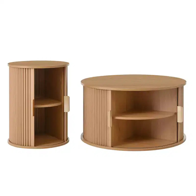 Mid-Century Coffee Table Set with Sliding Tambour Doors, Fluted Round Storage Side Tables for Living Room, Set of 2, Natural