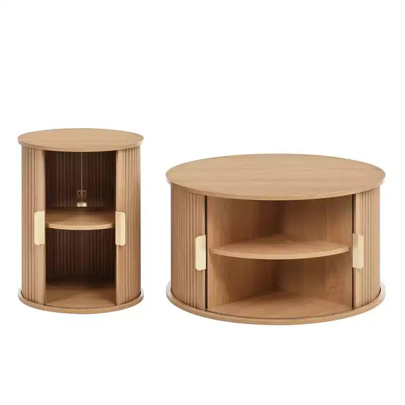 Mid-Century Coffee Table Set with Sliding Tambour Doors, Fluted Round Storage Side Tables for Living Room, Set of 2, Natural