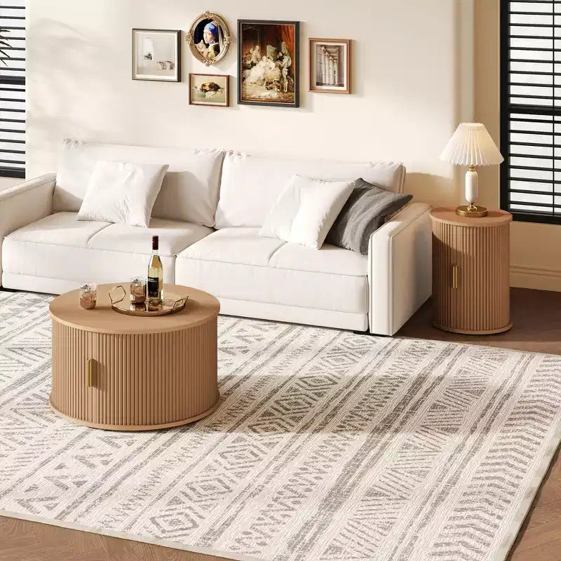 Mid-Century Coffee Table Set with Sliding Tambour Doors, Fluted Round Storage Side Tables for Living Room, Set of 2, Natural