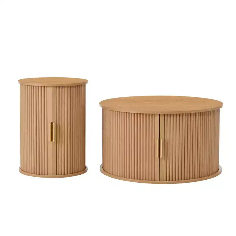 Mid-Century Coffee Table Set with Sliding Tambour Doors, Fluted Round Storage Side Tables for Living Room, Set of 2, Natural
