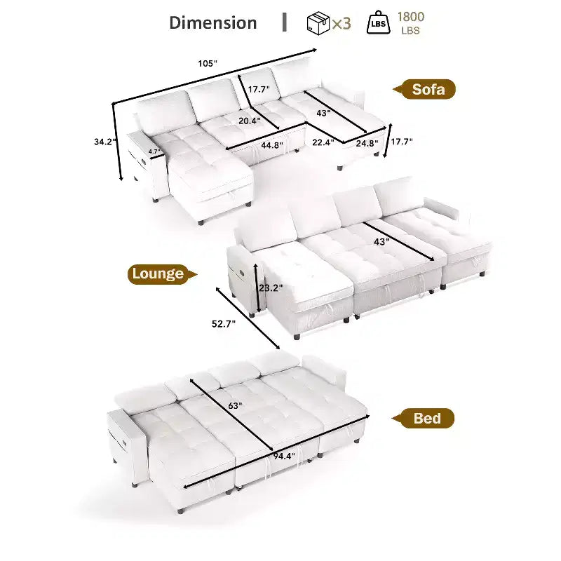 Dyonery 81 L-Shaped Sectional Sleeper Sofa Bed with Pull-Out, Reclining Backrest, Storage Chaise & USB Ports