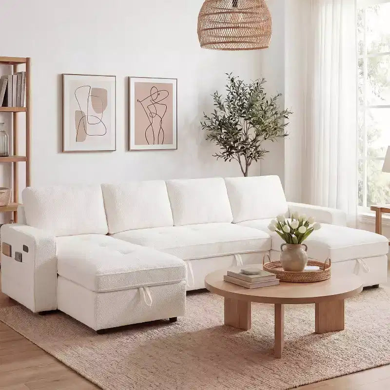 Dyonery 81 L-Shaped Sectional Sleeper Sofa Bed with Pull-Out, Reclining Backrest, Storage Chaise & USB Ports