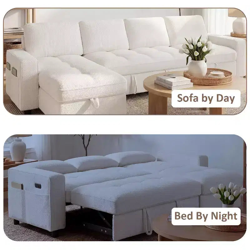 Dyonery 81 L-Shaped Sectional Sleeper Sofa Bed with Pull-Out, Reclining Backrest, Storage Chaise & USB Ports