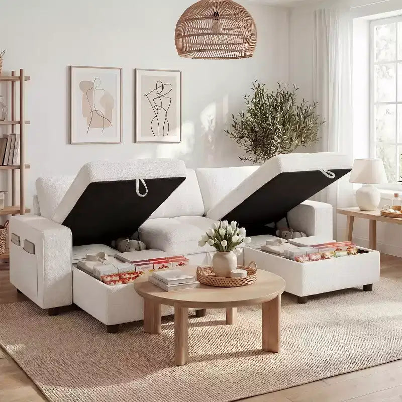 Dyonery 81 L-Shaped Sectional Sleeper Sofa Bed with Pull-Out, Reclining Backrest, Storage Chaise & USB Ports