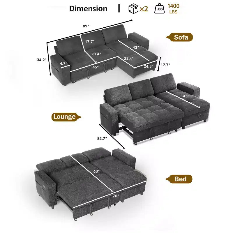 Dyonery 81 L-Shaped Sectional Sleeper Sofa Bed with Pull-Out, Reclining Backrest, Storage Chaise & USB Ports