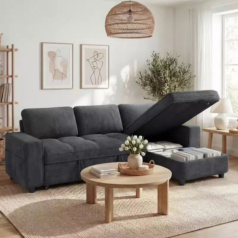 Dyonery 81 L-Shaped Sectional Sleeper Sofa Bed with Pull-Out, Reclining Backrest, Storage Chaise & USB Ports