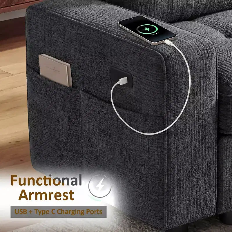 Dyonery 81 L-Shaped Sectional Sleeper Sofa Bed with Pull-Out, Reclining Backrest, Storage Chaise & USB Ports