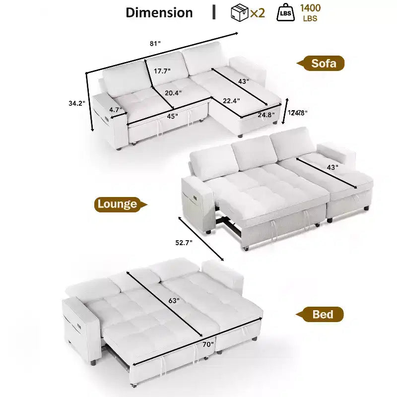 Dyonery 81 L-Shaped Sectional Sleeper Sofa Bed with Pull-Out, Reclining Backrest, Storage Chaise & USB Ports