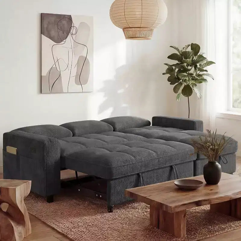 Dyonery 81 L-Shaped Sectional Sleeper Sofa Bed with Pull-Out, Reclining Backrest, Storage Chaise & USB Ports