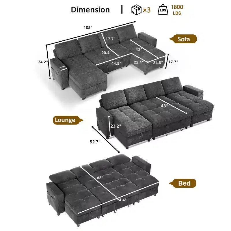 Dyonery 81 L-Shaped Sectional Sleeper Sofa Bed with Pull-Out, Reclining Backrest, Storage Chaise & USB Ports