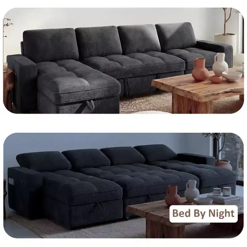 Dyonery 81 L-Shaped Sectional Sleeper Sofa Bed with Pull-Out, Reclining Backrest, Storage Chaise & USB Ports