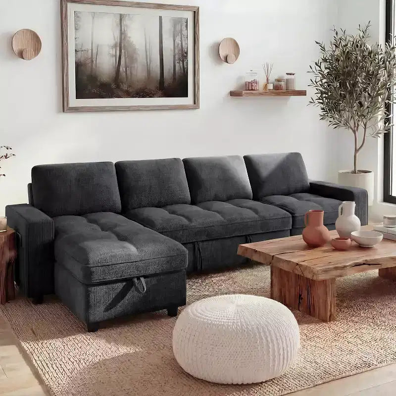 Dyonery 81 L-Shaped Sectional Sleeper Sofa Bed with Pull-Out, Reclining Backrest, Storage Chaise & USB Ports