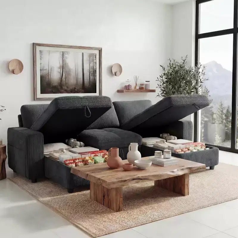 Dyonery 81 L-Shaped Sectional Sleeper Sofa Bed with Pull-Out, Reclining Backrest, Storage Chaise & USB Ports