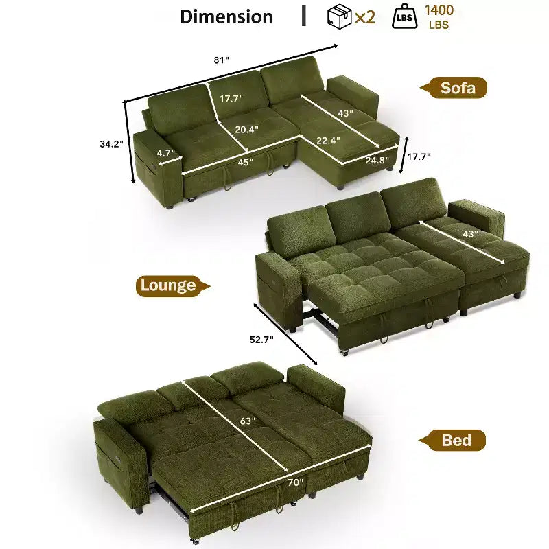 Dyonery 81 L-Shaped Sectional Sleeper Sofa Bed with Pull-Out, Reclining Backrest, Storage Chaise & USB Ports