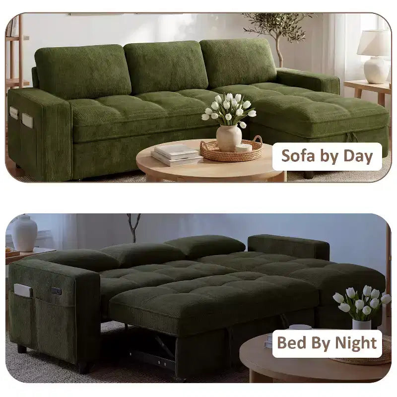 Dyonery 81 L-Shaped Sectional Sleeper Sofa Bed with Pull-Out, Reclining Backrest, Storage Chaise & USB Ports