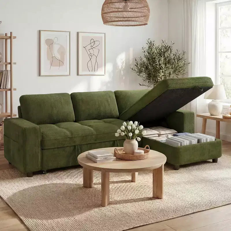 Dyonery 81 L-Shaped Sectional Sleeper Sofa Bed with Pull-Out, Reclining Backrest, Storage Chaise & USB Ports