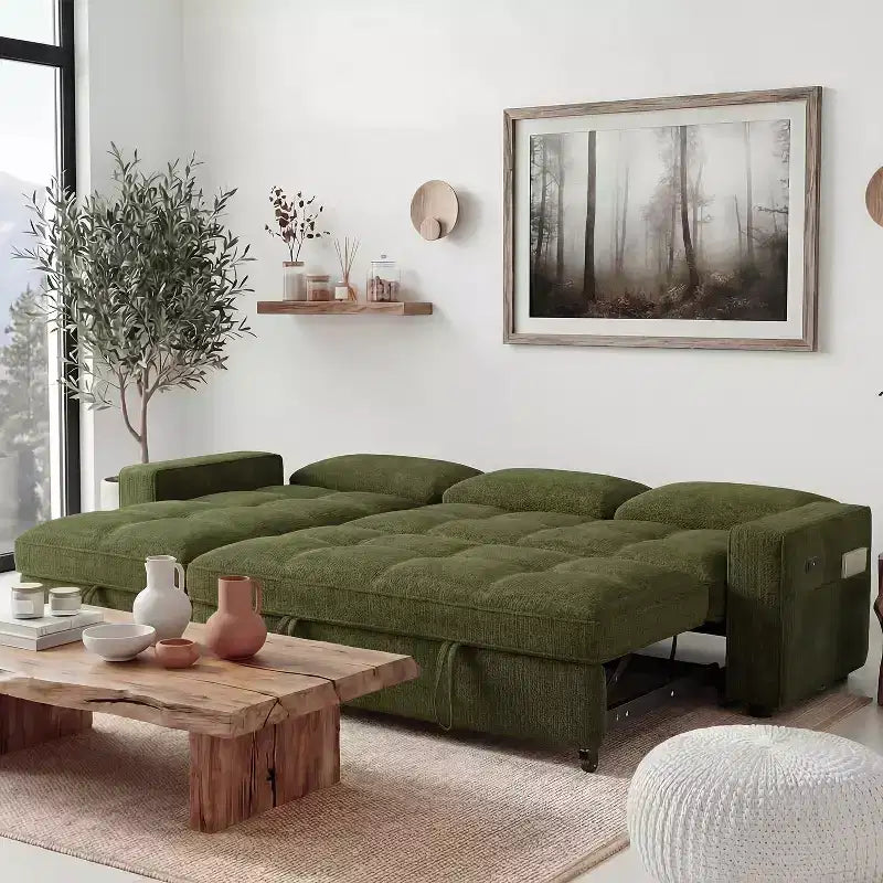Dyonery 81 L-Shaped Sectional Sleeper Sofa Bed with Pull-Out, Reclining Backrest, Storage Chaise & USB Ports
