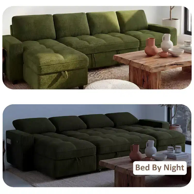 Dyonery 81 L-Shaped Sectional Sleeper Sofa Bed with Pull-Out, Reclining Backrest, Storage Chaise & USB Ports