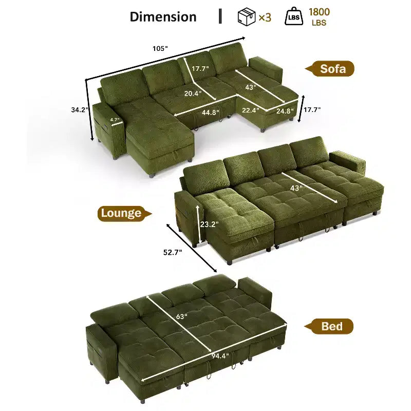 Dyonery 81 L-Shaped Sectional Sleeper Sofa Bed with Pull-Out, Reclining Backrest, Storage Chaise & USB Ports