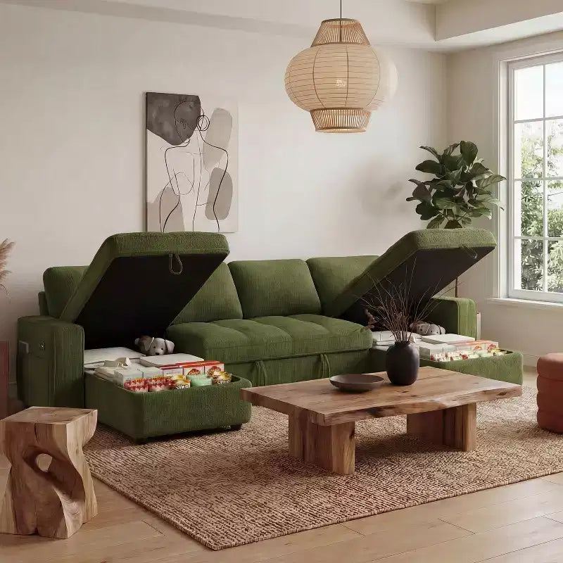 Dyonery 81 L-Shaped Sectional Sleeper Sofa Bed with Pull-Out, Reclining Backrest, Storage Chaise & USB Ports