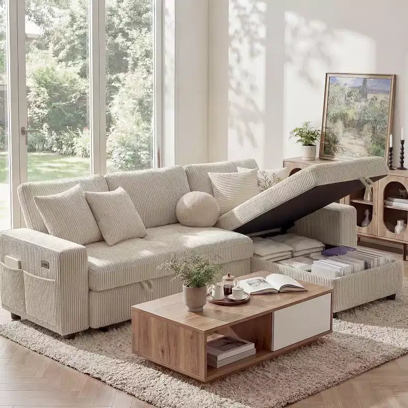 Dyonery 81 L-Shaped Sectional Sleeper Sofa Bed with Pull-Out, Reclining Backrest, Storage Chaise & USB Ports