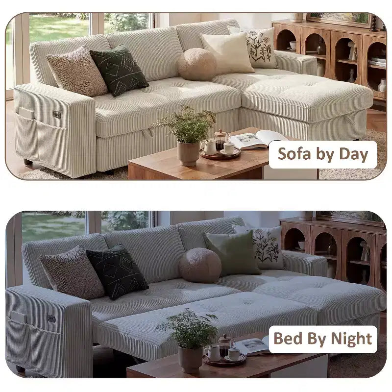 Dyonery 81 L-Shaped Sectional Sleeper Sofa Bed with Pull-Out, Reclining Backrest, Storage Chaise & USB Ports
