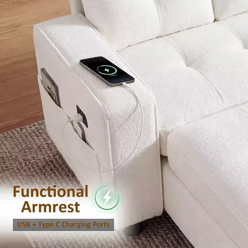 Dyonery 81 L-Shaped Sectional Sleeper Sofa Bed with Pull-Out, Reclining Backrest, Storage Chaise & USB Ports