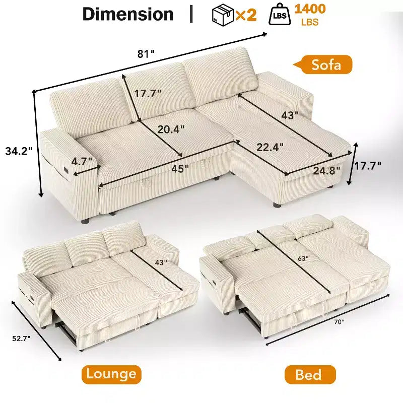 Dyonery 81 L-Shaped Sectional Sleeper Sofa Bed with Pull-Out, Reclining Backrest, Storage Chaise & USB Ports