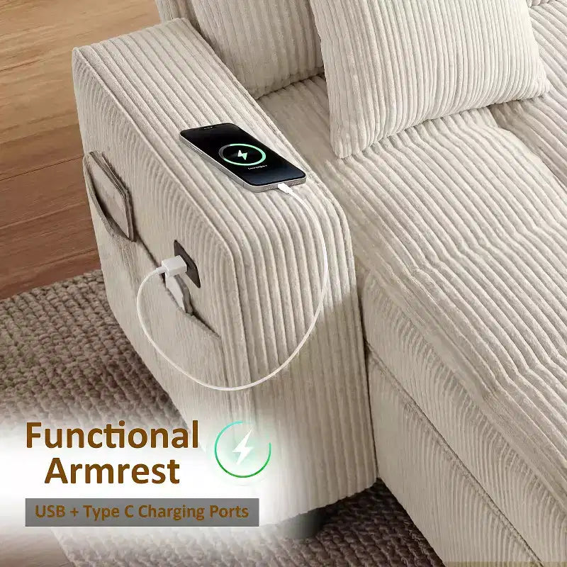 Dyonery 81 L-Shaped Sectional Sleeper Sofa Bed with Pull-Out, Reclining Backrest, Storage Chaise & USB Ports