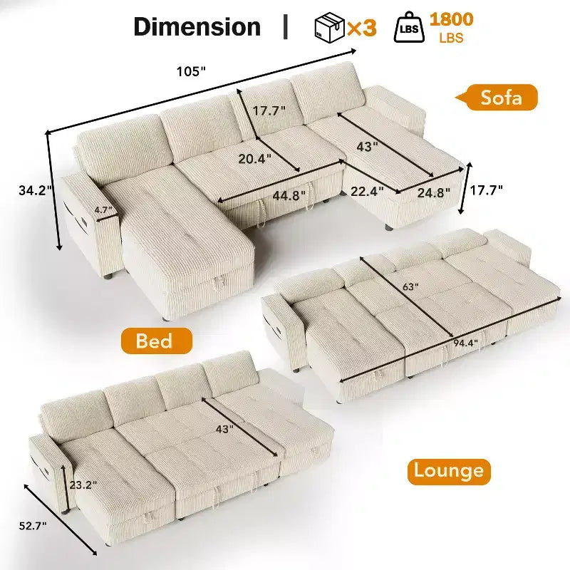 Dyonery 81 L-Shaped Sectional Sleeper Sofa Bed with Pull-Out, Reclining Backrest, Storage Chaise & USB Ports