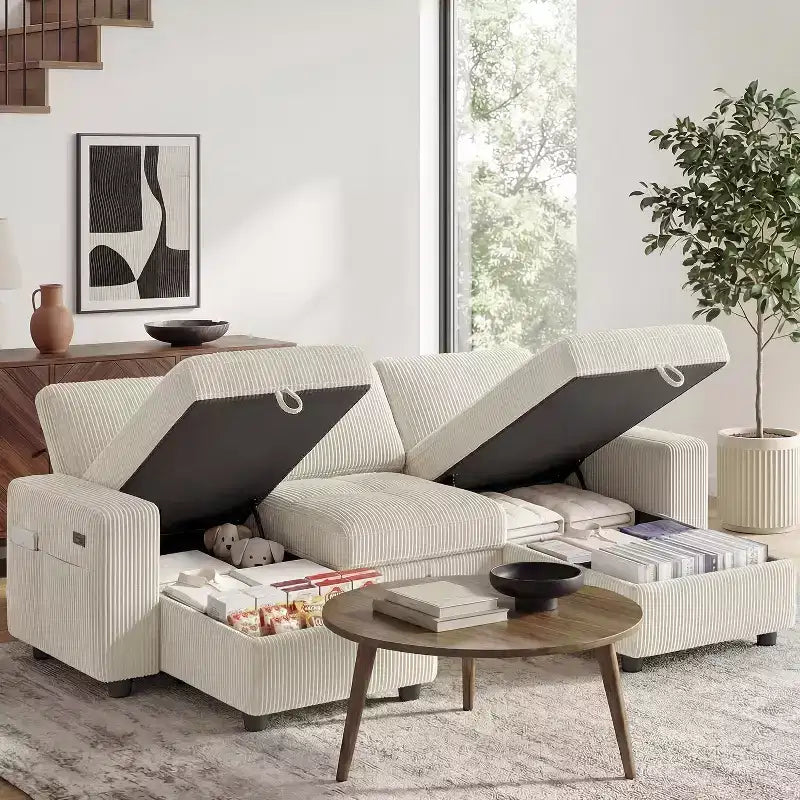 Dyonery 81 L-Shaped Sectional Sleeper Sofa Bed with Pull-Out, Reclining Backrest, Storage Chaise & USB Ports