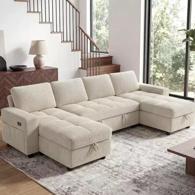 Dyonery 81 L-Shaped Sectional Sleeper Sofa Bed with Pull-Out, Reclining Backrest, Storage Chaise & USB Ports