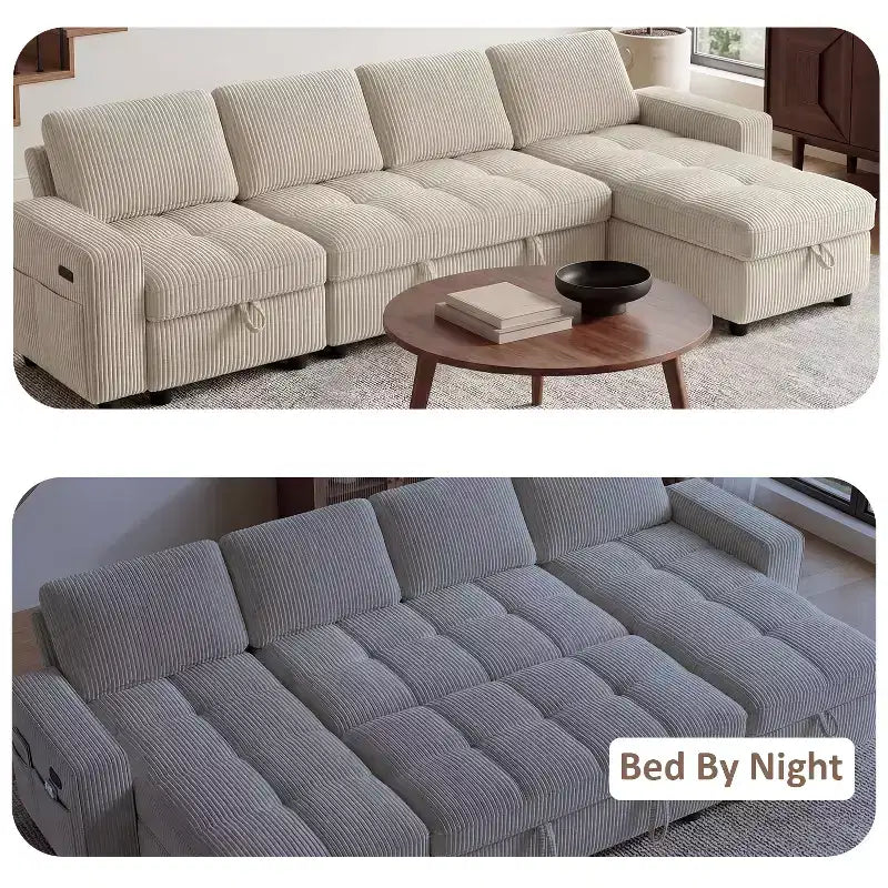 Dyonery 81 L-Shaped Sectional Sleeper Sofa Bed with Pull-Out, Reclining Backrest, Storage Chaise & USB Ports
