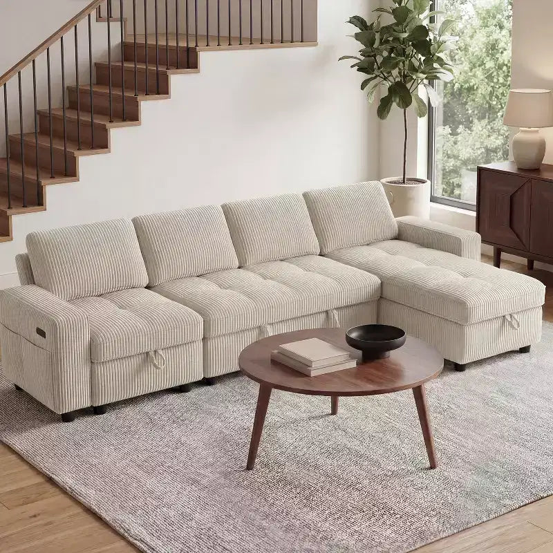 Dyonery 81 L-Shaped Sectional Sleeper Sofa Bed with Pull-Out, Reclining Backrest, Storage Chaise & USB Ports