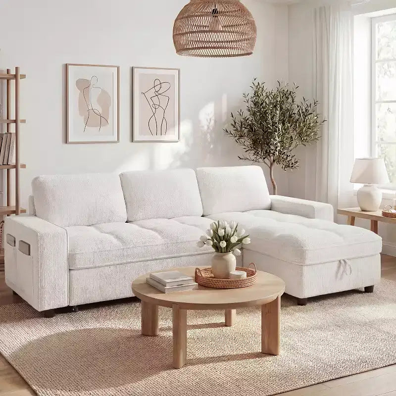 Dyonery 81 L-Shaped Sectional Sleeper Sofa Bed with Pull-Out, Reclining Backrest, Storage Chaise & USB Ports